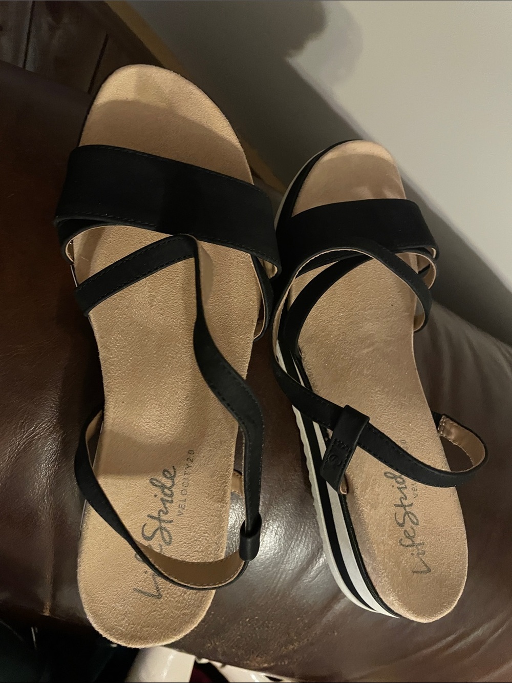 Life Stride Black Strappy Wedge Sandals with Stripe Platform